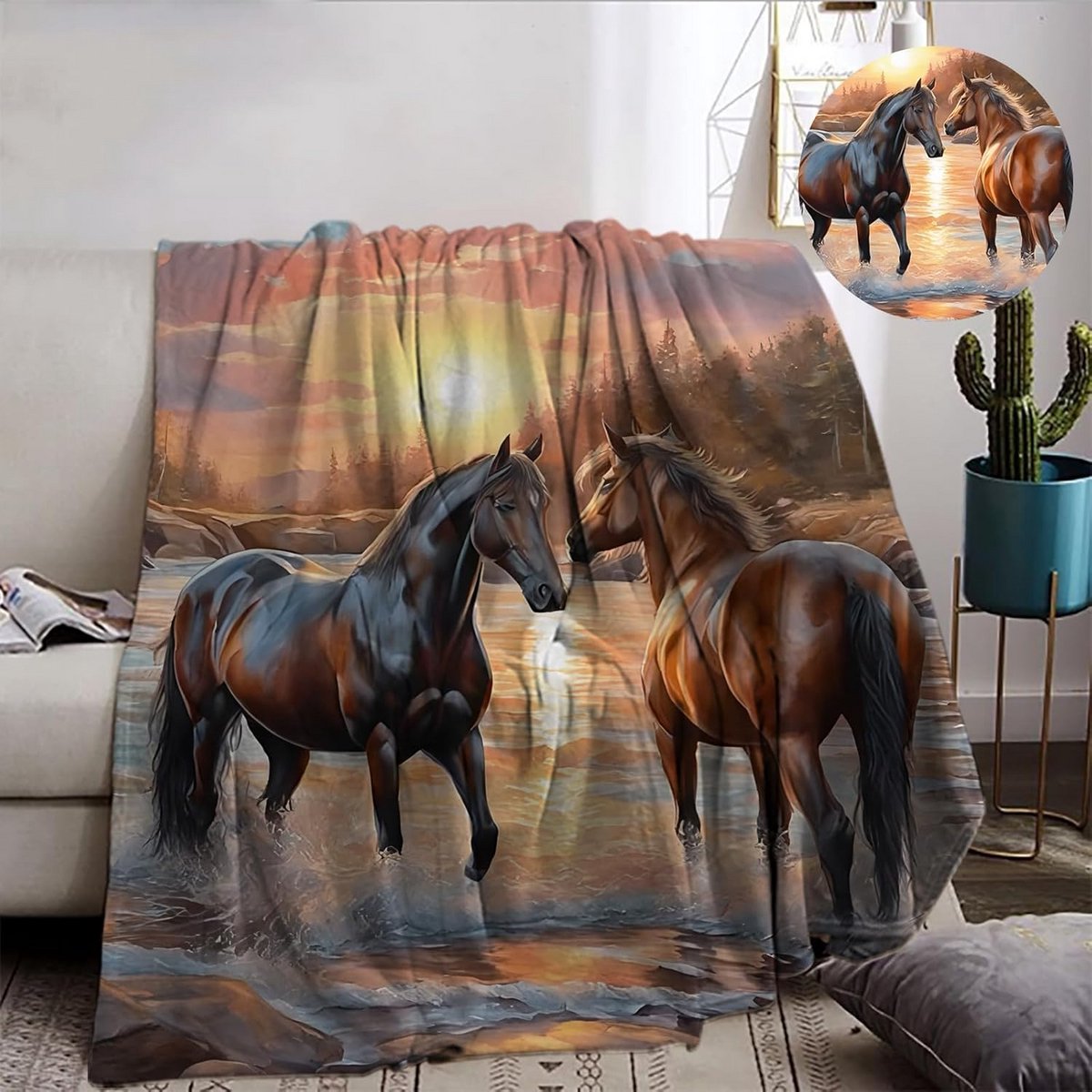 Warme Flanel Deken met Paardenmotief - 150 x 200 cm - Pluizige Plaid voor Bank en Bed