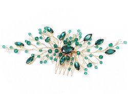 Haaraccessoires voor de Bruid - Groene Crystal Haar Kam met Gouden Bladeren - 17 x 7 cm