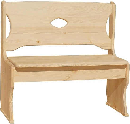 Houten bank met hoge rugleuning en een decoratieve ruitvormige opening. De bank is gemaakt van onbehandeld grenenhout en heeft een zitting.