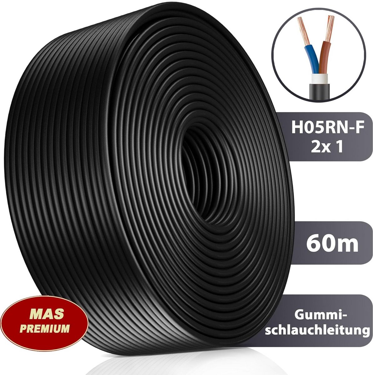 Flexibele Rubberen Stroomkabel H05RN-F 2x1mm² - Geschikt voor Buiten & Zware Apparaten (60 Meter)