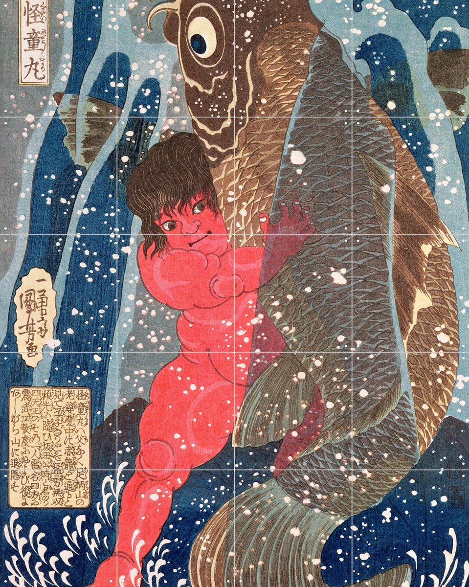 IXXI Kintoki swims up the Waterfall, Utagawa Kuniyoshi & Bridgeman Images - 80 x 100 cm - Gratis ophangtool - Grote wanddecoratie en posters -