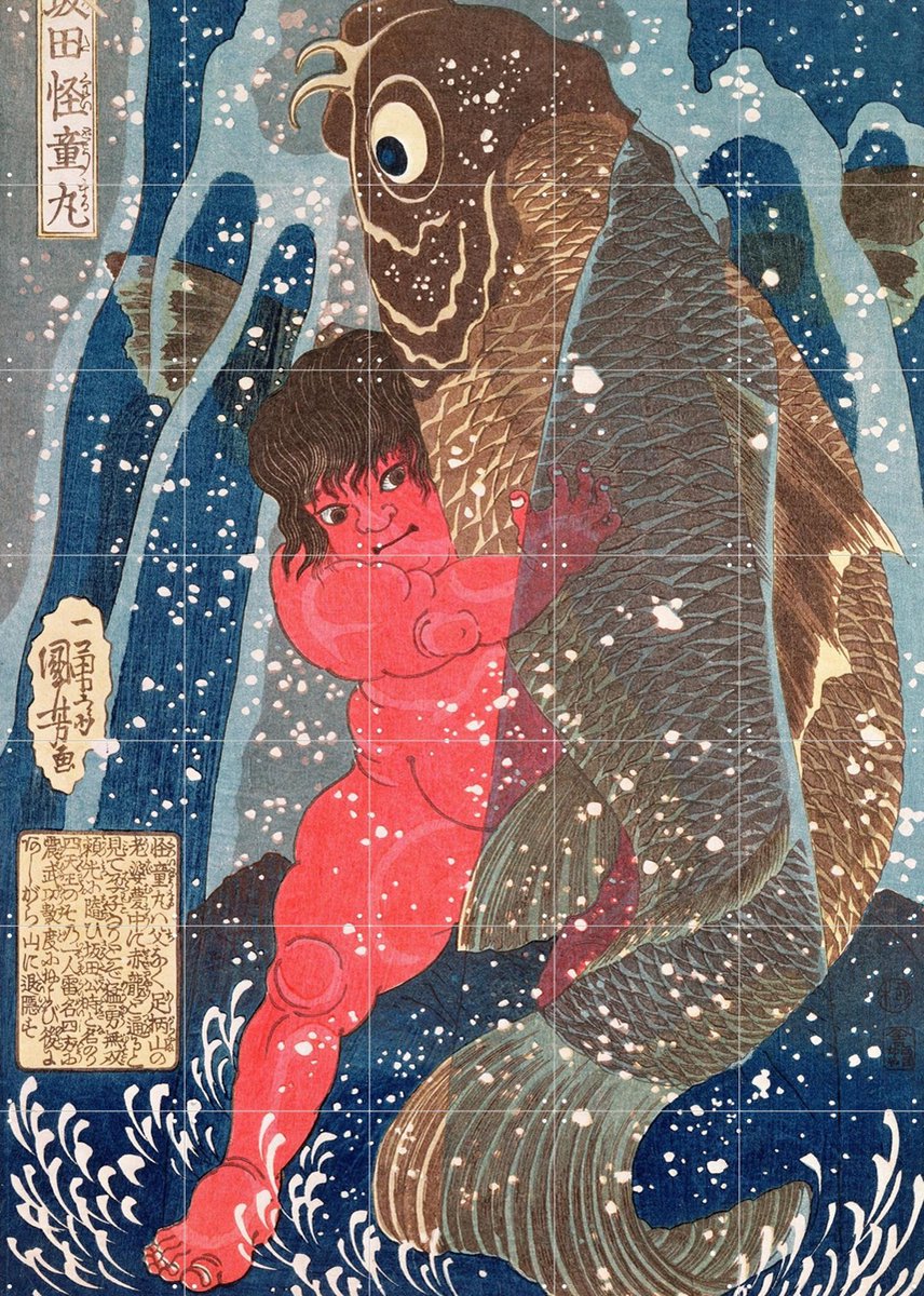 IXXI Kintoki swims up the Waterfall, Utagawa Kuniyoshi & Bridgeman Images - 100 x 140 cm - Gratis ophangtool - Grote wanddecoratie en posters -