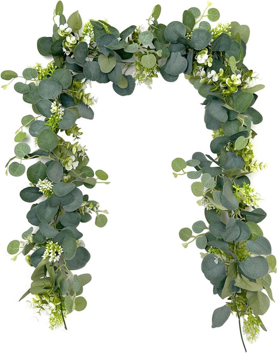 2x Witte Kunstbloemen Krans met Eucalyptus Slinger - Lange Dahlia Decoratie voor Bruiloft 