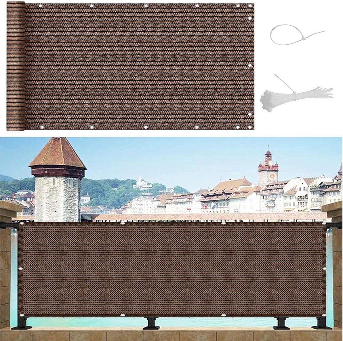 UV-Bestendig Balkonscherm Privacydoek Bruin 90x500 cm Inclusief Montage