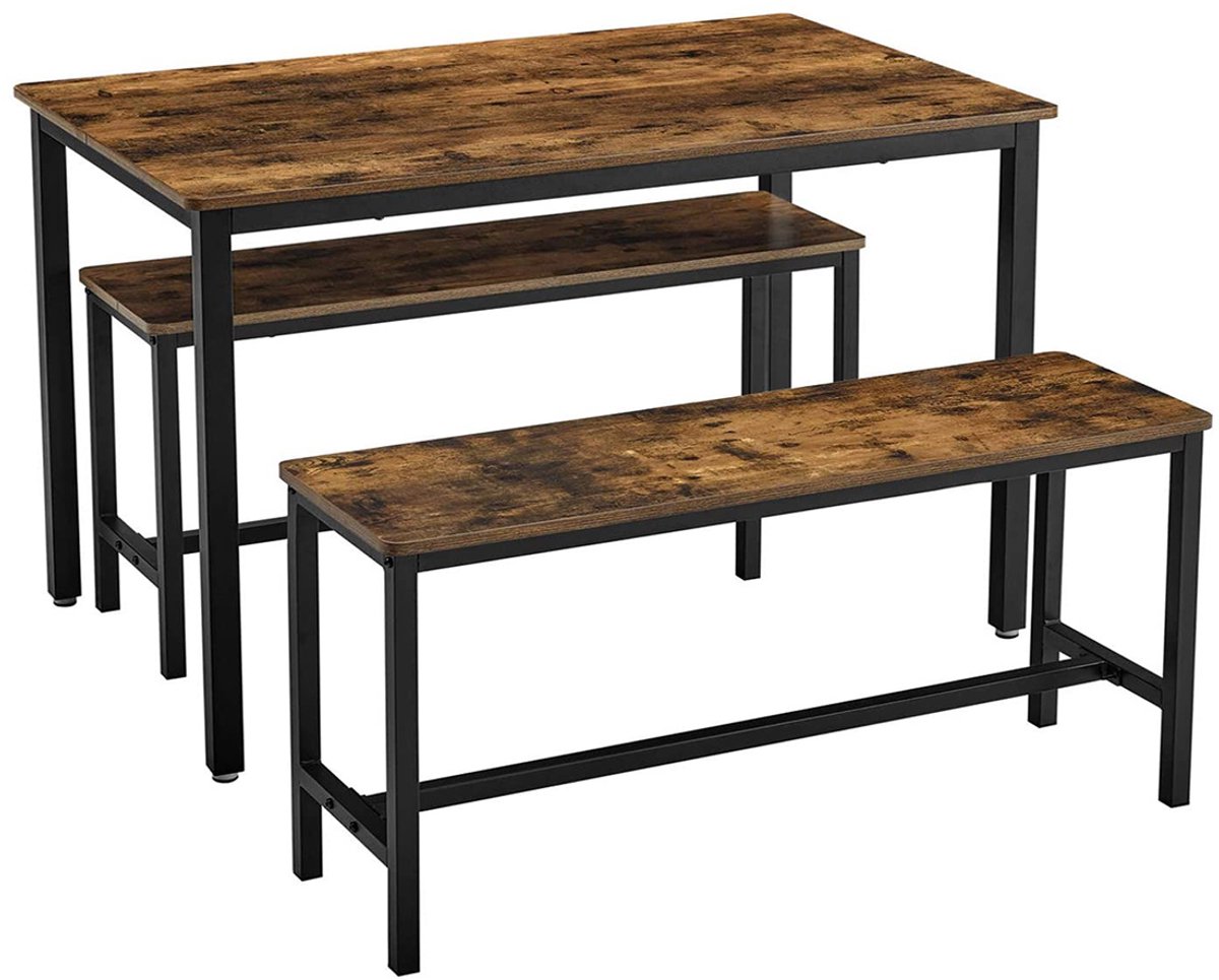 3-delige keukentafel- en bankset – Stalen frame – Rustiek bruin en zwart – Ruimtebesparend industrieel design