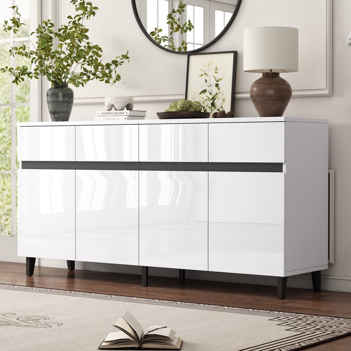 Sweiko Dressoir - Halmeubel - Hoogglans - 4 lades - Verstelbare planken - Wit
