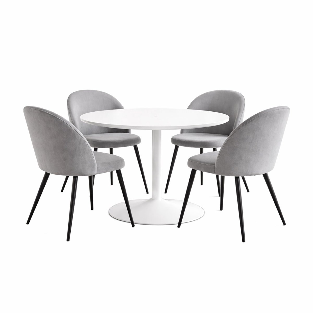 Carry eethoek tafel Ø110cm, 4 stoelen velours grijs.