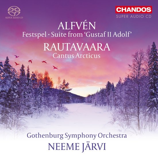 Cd-hoes met besneeuwd bos en paarse lucht. Met de tekst "Alfvén Festspel Suite from 'Gustaf II Adolf' Rautavaara Cantus Arcticus".