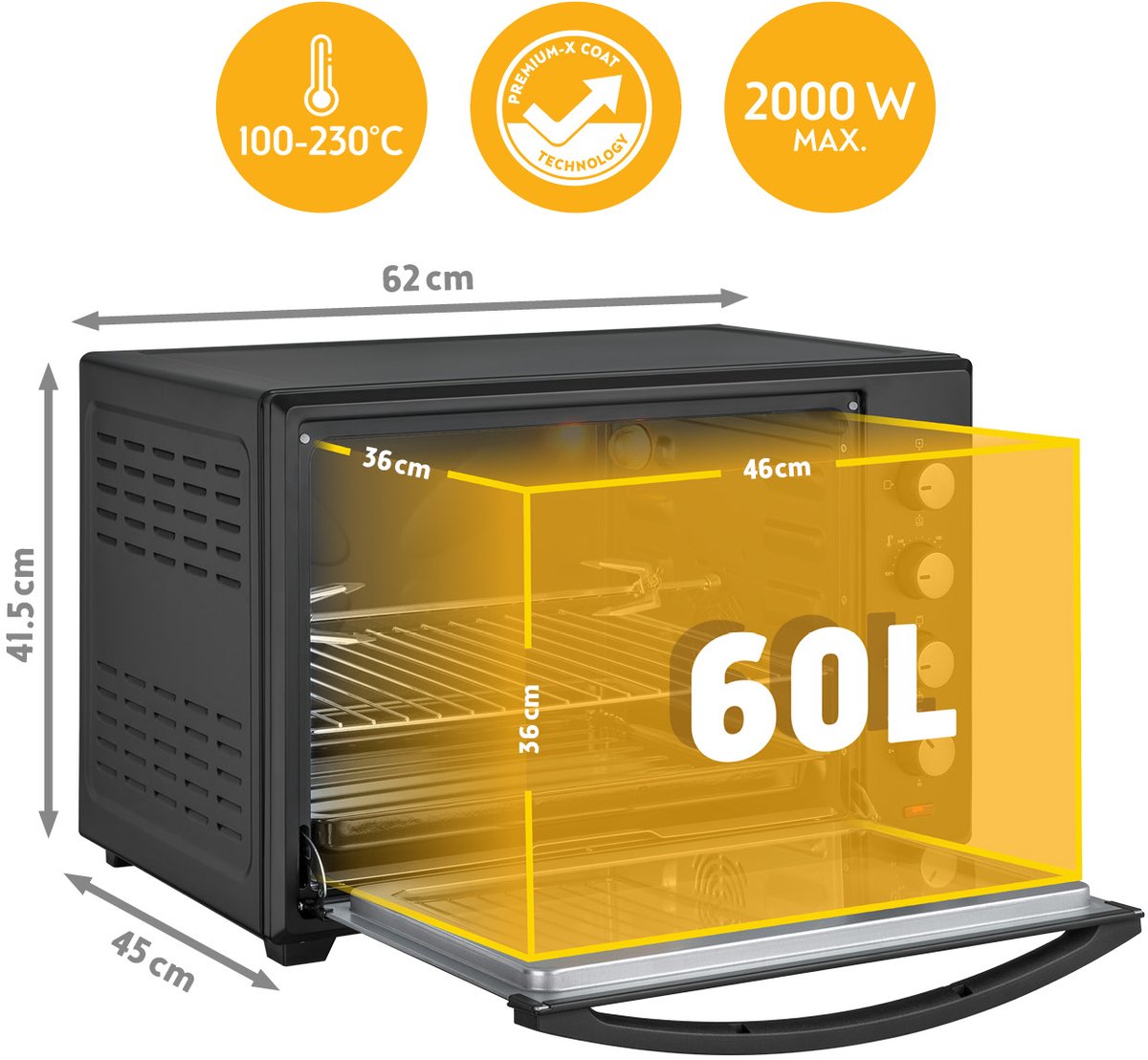 TZS First Austria mini oven 60L - 2000W - Vrijstaande Heteluchtoven - max 230°C - Zwart – foto 8