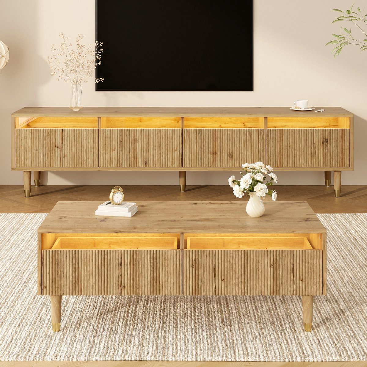 VVBV TV Lowboard met Verstelbaar, 2 Lades - 4 Deuren, Ribbelfront, Meubelset, LED-Verlichting - Hout Naturel/Goud