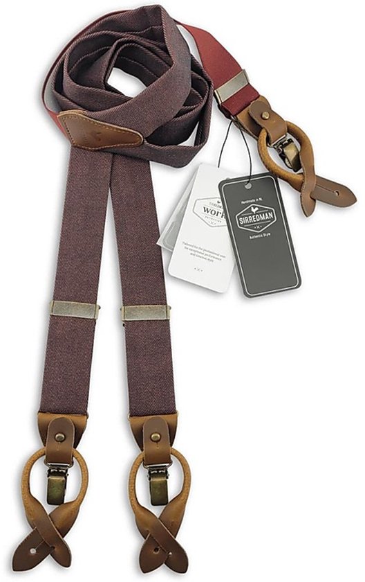 Donkerrode denim bretels met bruine lederen lussen en clips, opgerold met labels.