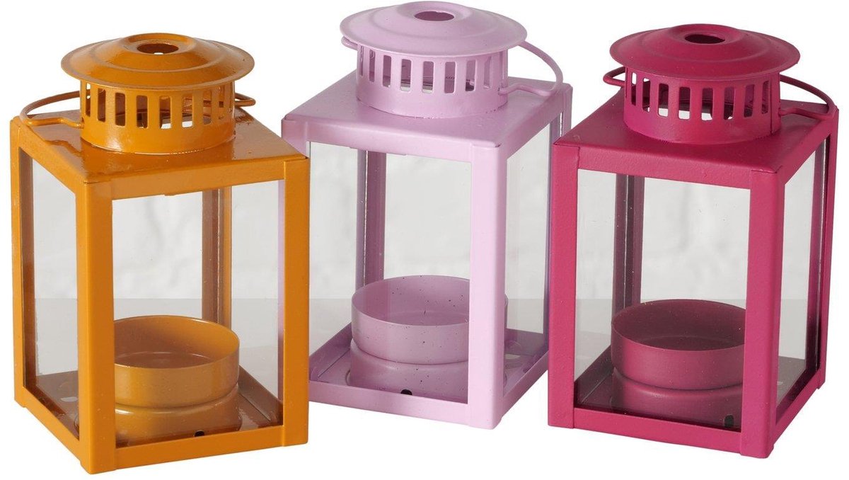 Boltze Home lantaarn decoratief ijzer glas oranje roze 10,5cm.
