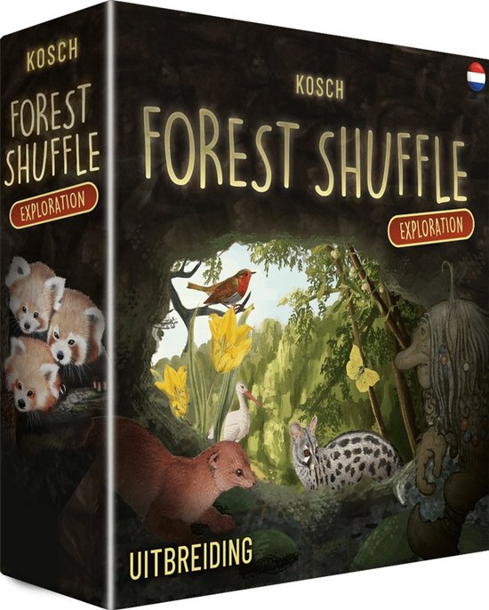 De doos van Forest Shuffle: Exploration uitbreiding toont dieren en een boskabouter, met de tekst 'FOREST SHUFFLE EXPLORATION UITBREIDING'.