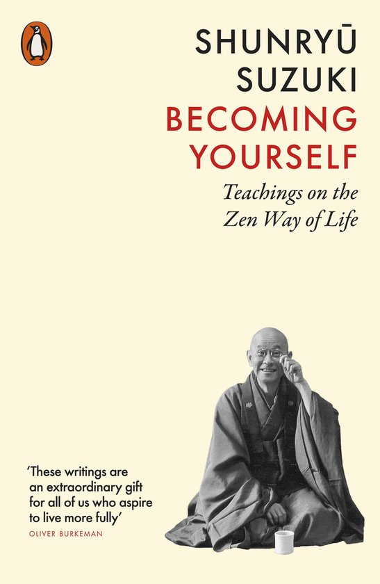 Boekcover met titel 'Becoming Yourself' en een zittende Shunryu Suzuki in traditionele kleding.
