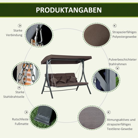 Outsunny Hollywood 3-zits Tuinschommel Met Verstelbaar Zonnedak – Incl. Kussens, Draagvermogen 270 Kg, Bruin, 198x118x168 Cm