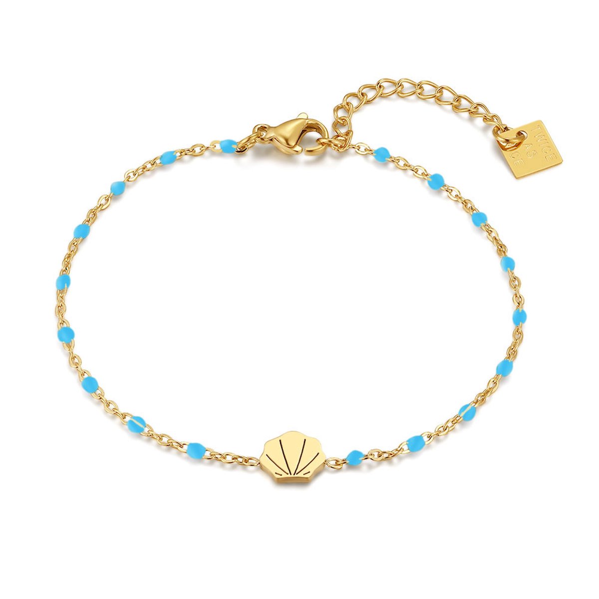 Twice As Nice Armband in edelstaal, schelp en blauwe kralen Goudkleurig 16cm+3cm
