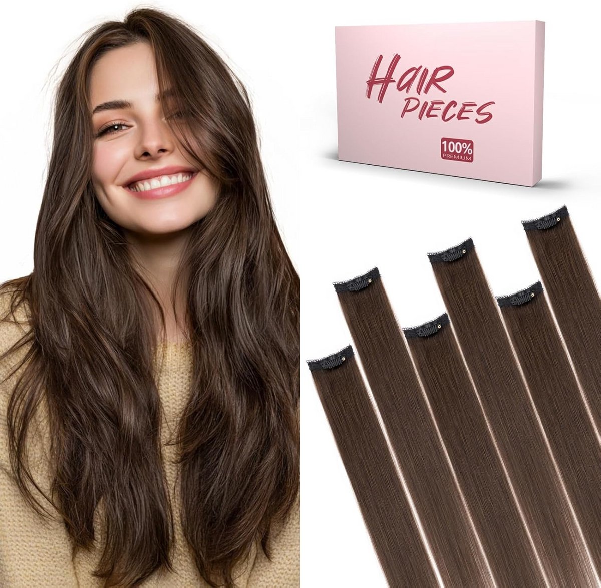 Clip-in Haarverlenging Echt Haar 25 cm Donkerbruin - Set van 6 Stuks Onzichtbaar