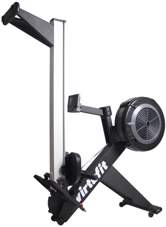 Zwarte VirtuFit roeimachine met een tablet-houder, wieltjes aan de voorkant en een zilveren handgreep.
