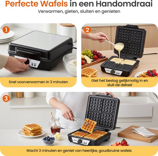 Drie stappen voor het maken van wafels: 1. Een gesloten wafelmaker. 2. Beslag in de open wafelmaker gieten. 3. Wafels uit de wafelmaker halen met een tang.