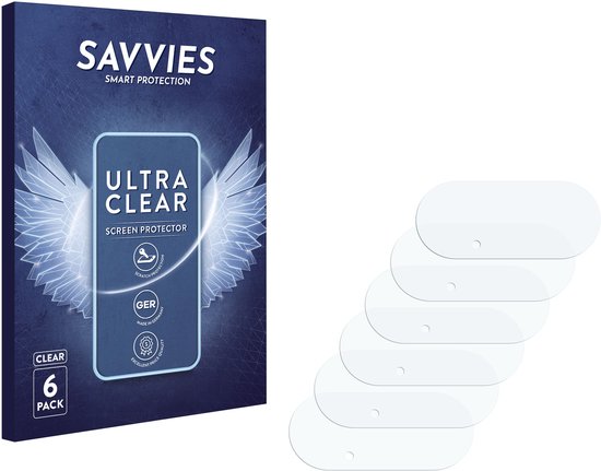 Savvies verpakking met 6 ultracleare schermprotectoren voor cameralens en een doos met engelenvleugels.