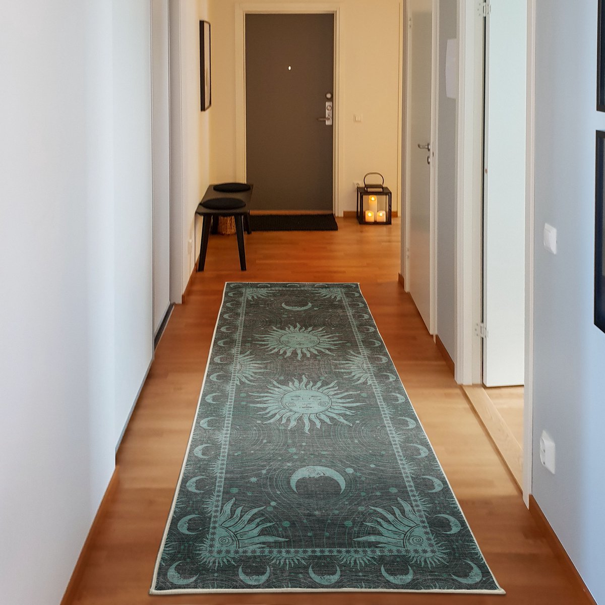 ABAKUHAUS Decoratief vloerkleed met zon en maan, hoogwaardig vloerkleed voor slaapkamer en woonkamer, 76x229 cm, taupegrijs