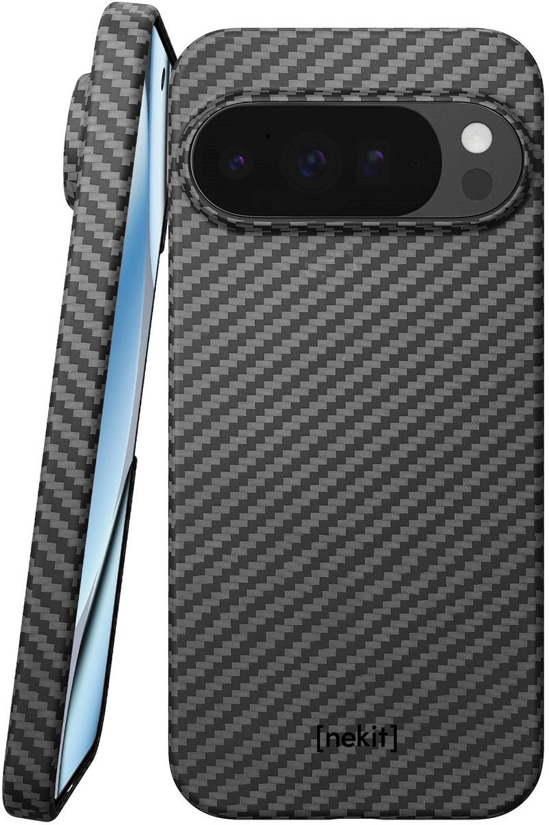 NEKIT Fiber Hoesje Geschikt voor Google Pixel 10 / 10 Pro - Compatibel met MagSafe en Qi2 - High-Tech Kevlar - PixelSnap Back Cover Ultra Dun - Grijs/Zwart