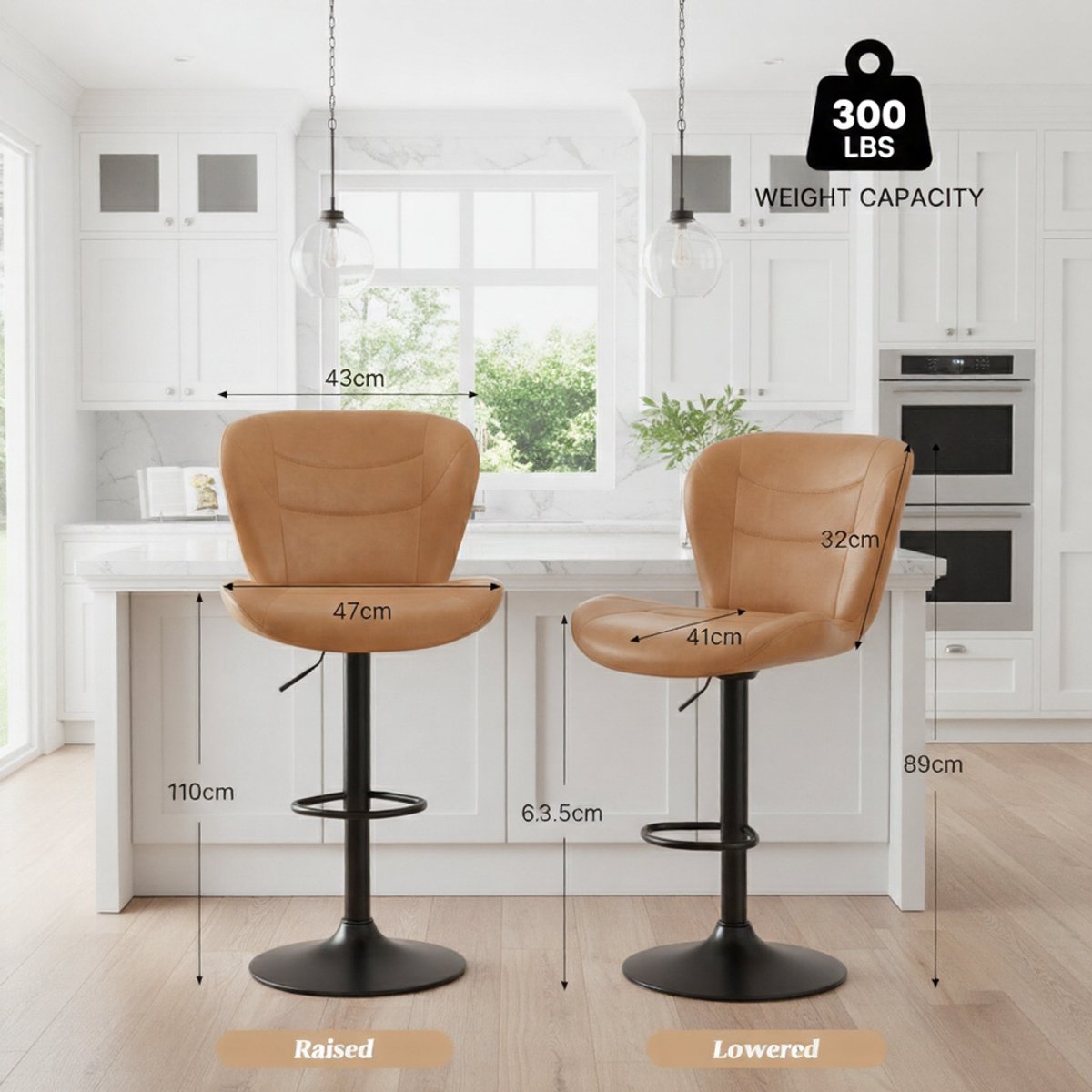 Barkruk Set van 2 – Verstelbare Barstoelen met Rugleuning en Voetensteun, 360° Draaibaar, PU-Leren Zitting, Hoogwaardige Comfort Barstoelen voor Keuken, Eiland, Bar en Eetkamer – Bruin | House&Garden