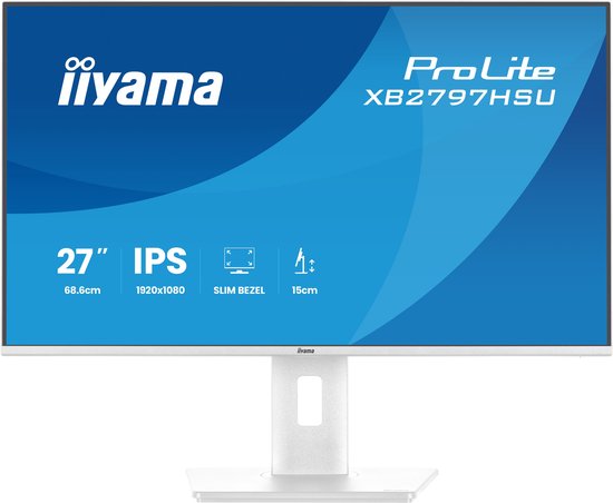Witte iiyama ProLite XB2797HSU monitor, 27 inch, Full HD, IPS, slanke randen, hoogte verstelbaar tot 15cm.