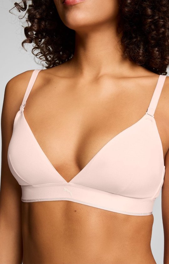 Roze PUMA sport triangel bralette met subtiel logo op de borst.