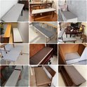 Collage van verschillende grijze bankkussens op diverse houten banken.