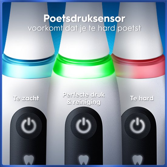 Witte Oral-B iO elektrische tandenborstel met poetsdruk sensor, 5 poetsstanden, 2-minuten timer en duurzame batterij.