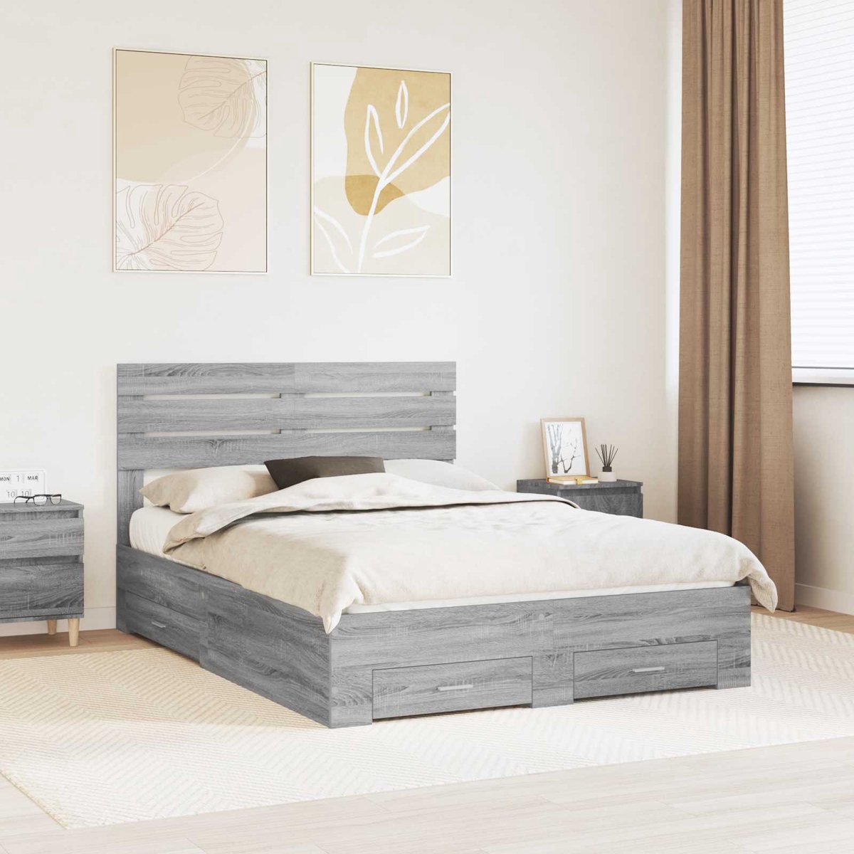 vidaXL - Bedframe - met - hoofdeinde - Grijs - Sonoma - 160 - x - 200 - cm - Bewerkt - hou