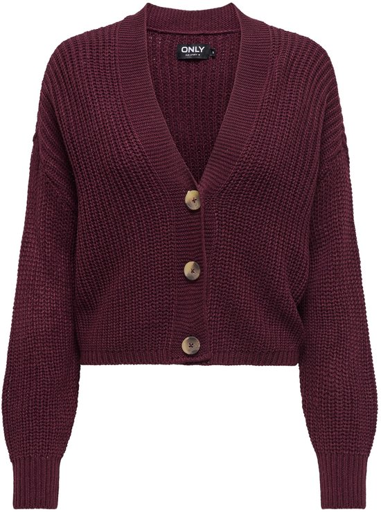Cardigan bordeaux tricoté à boutons, col en V et manches longues.