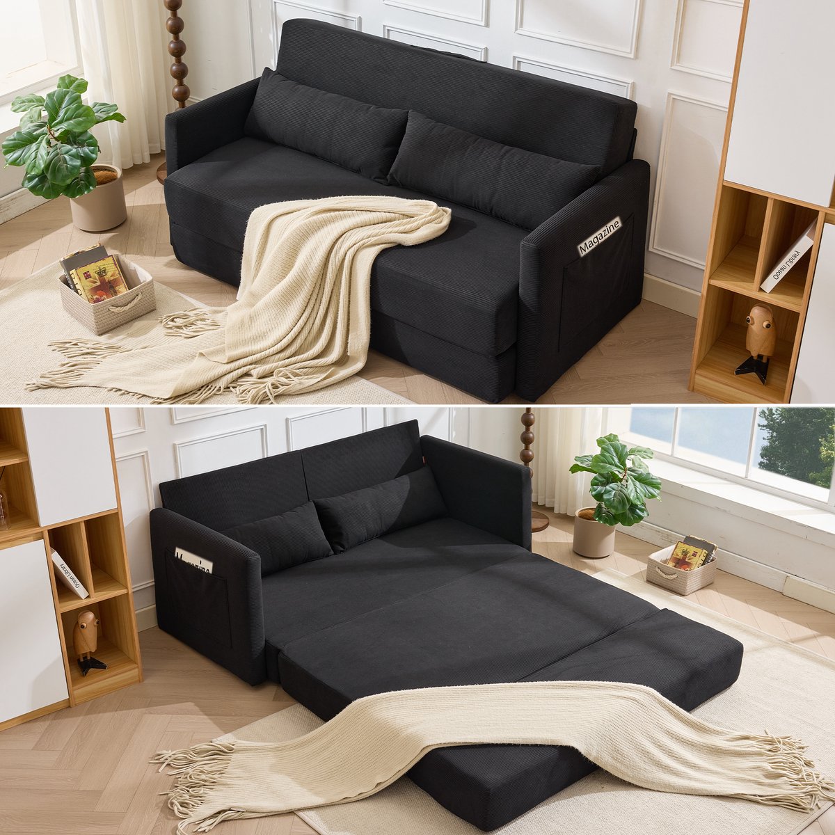 Slaapbank - 165 x 92 x 82 cm - 2-Zits Klapbank met Lendenkussens - Zijvakken - Corduroy - Zwart