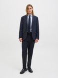 Man met lang blond haar, draagt een marineblauw pak, blauw-wit gestreept overhemd en zwarte stropdas.