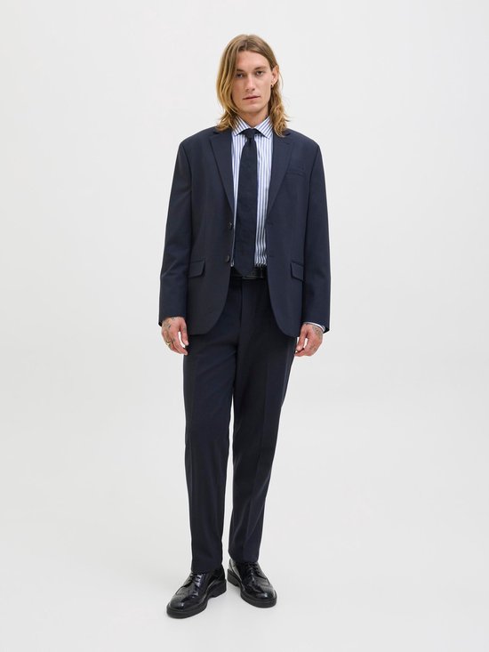 Man met lang blond haar, draagt een marineblauw pak, blauw-wit gestreept overhemd en zwarte stropdas.
