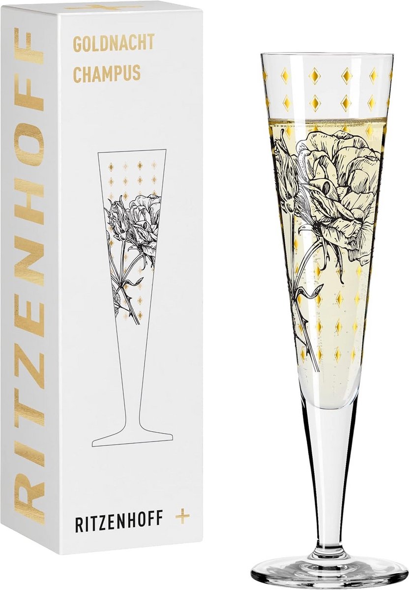 Elegant Kristalglas Champagneglas met Roosmotief en Echt Goud