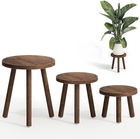 Set van 3 houten plantenstandaarden in verschillende hoogtes - Bruine natuurlijke look