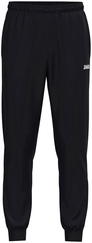 Pantalon d'entraînement noir pour homme avec logo blanc 'JAKO' sur la hanche gauche, ceinture élastique et poignets.