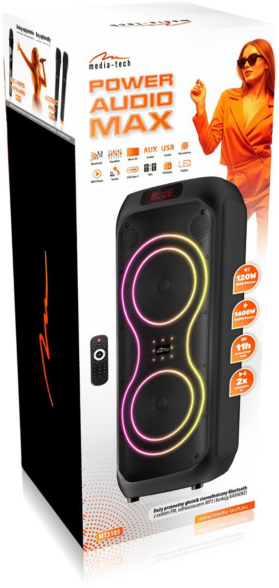 Grote Bluetooth-luidspreker, 120 W RMS/1400 W PMPO, twee 8"-luidsprekers, equalizer, karaokefunctie, MP3/microSD-kaarten, USB, AUX, BT 5.3+EDR, display, LED, ingebouwde accu, afstandsbediening, MT3185
