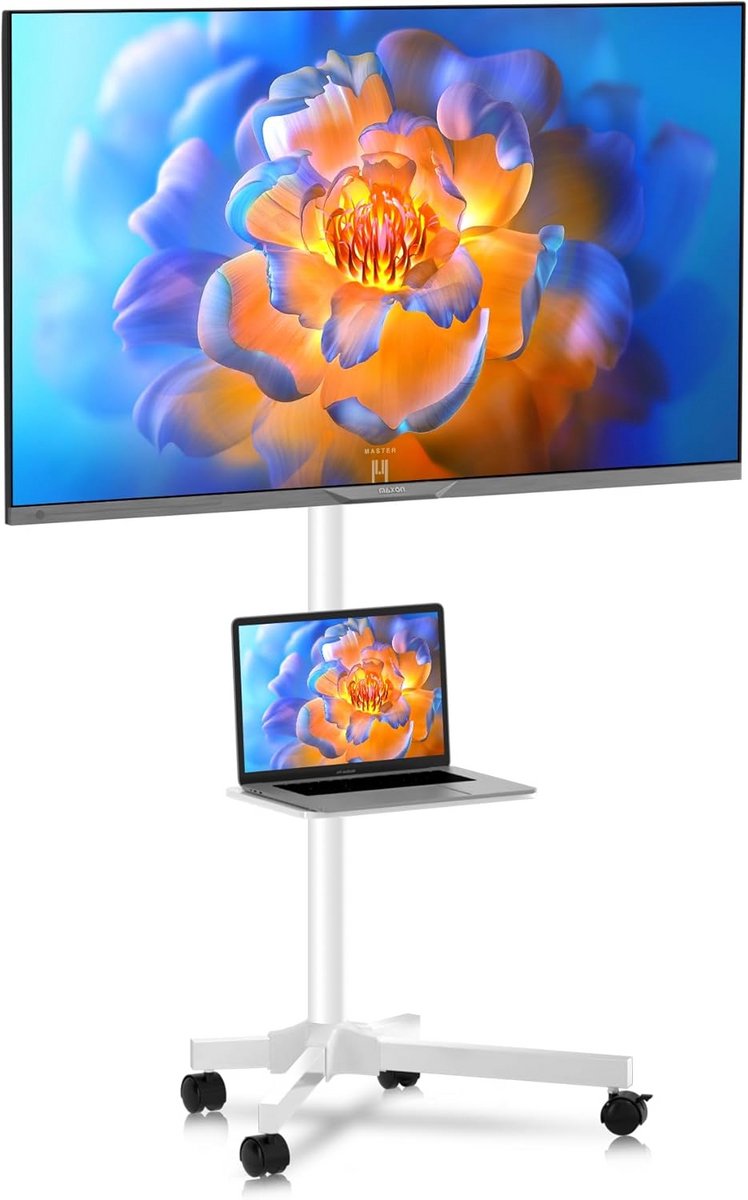 Verrijdbare TV Standaard met Wielen en Plank - In Hoogte Verstelbaar voor 21-60 Inch Schermen (Wit)