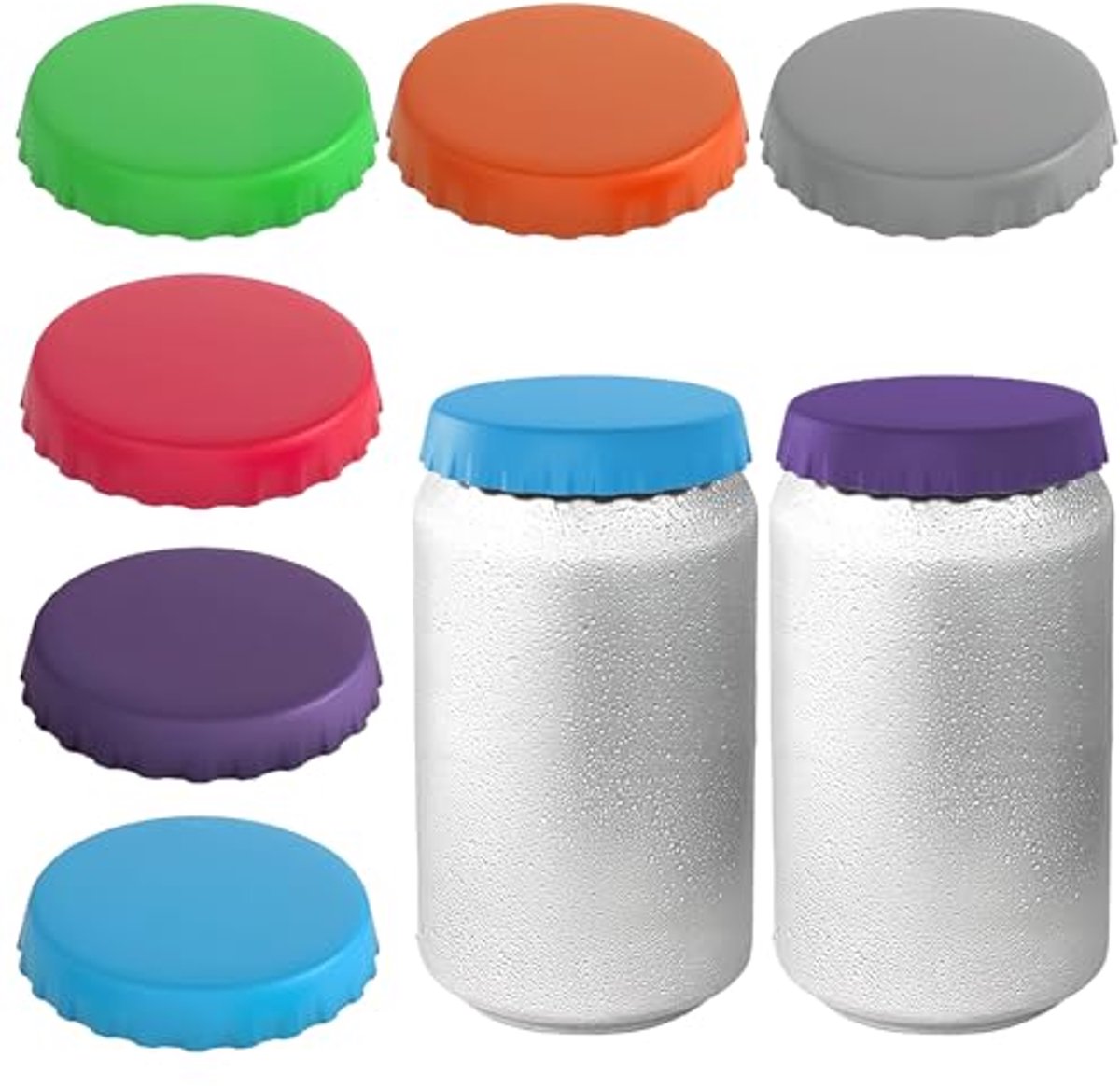 Ultiluxe® Dosen Deksel - 6 Stuks - Siliconen Deksels - Drankblikjes Afdekking - Doppen Set - Lekvrij - Herbruikbaar - Blauw/Groen/Rood/Oranje/Paars/Grijs