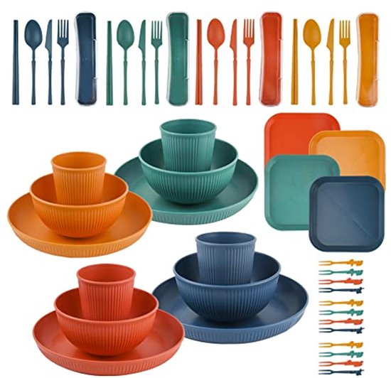 Ensemble de vaisselle de camping Ultiluxe® - 48 pièces - Vaisselle de pique-nique - Ensemble de couverts de camping - 4 personnes - Vaisselle d'extérieur - Réutilisable - Incassable - Multicolor