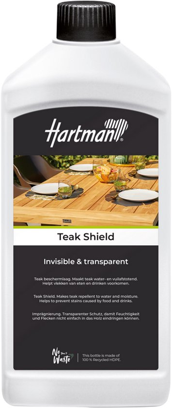 Fles Hartman Teak Shield, 1 liter. Beschermt teak tegen water en vocht. Voorkomt vlekken door eten en drinken. Gemaakt van 100% gerecycled HDPE.