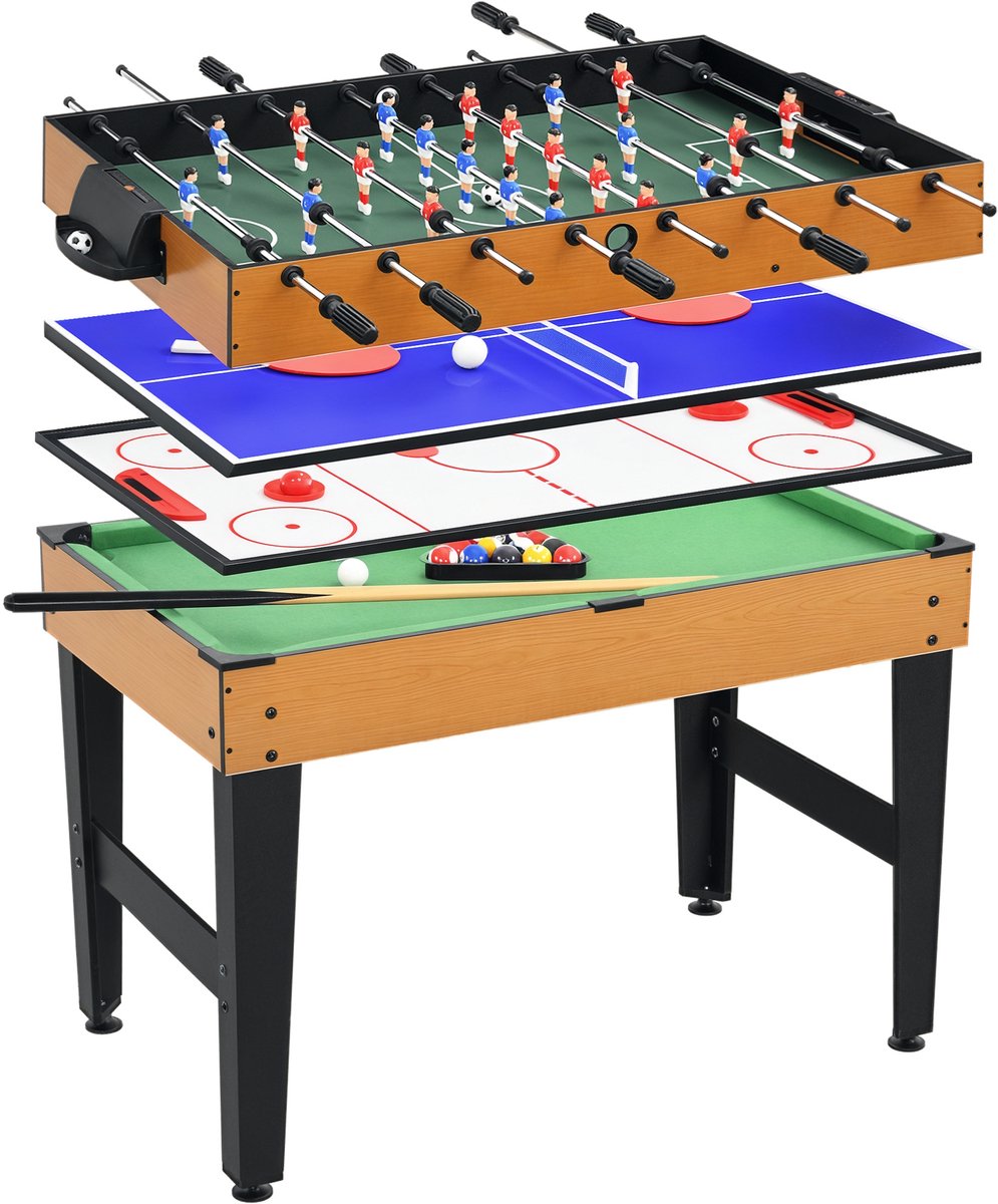 HOMCOM-Multigame Spieltisch-MDF, Stahl-107L x 61B x 84,5H cm-Naturholz+Schwarz