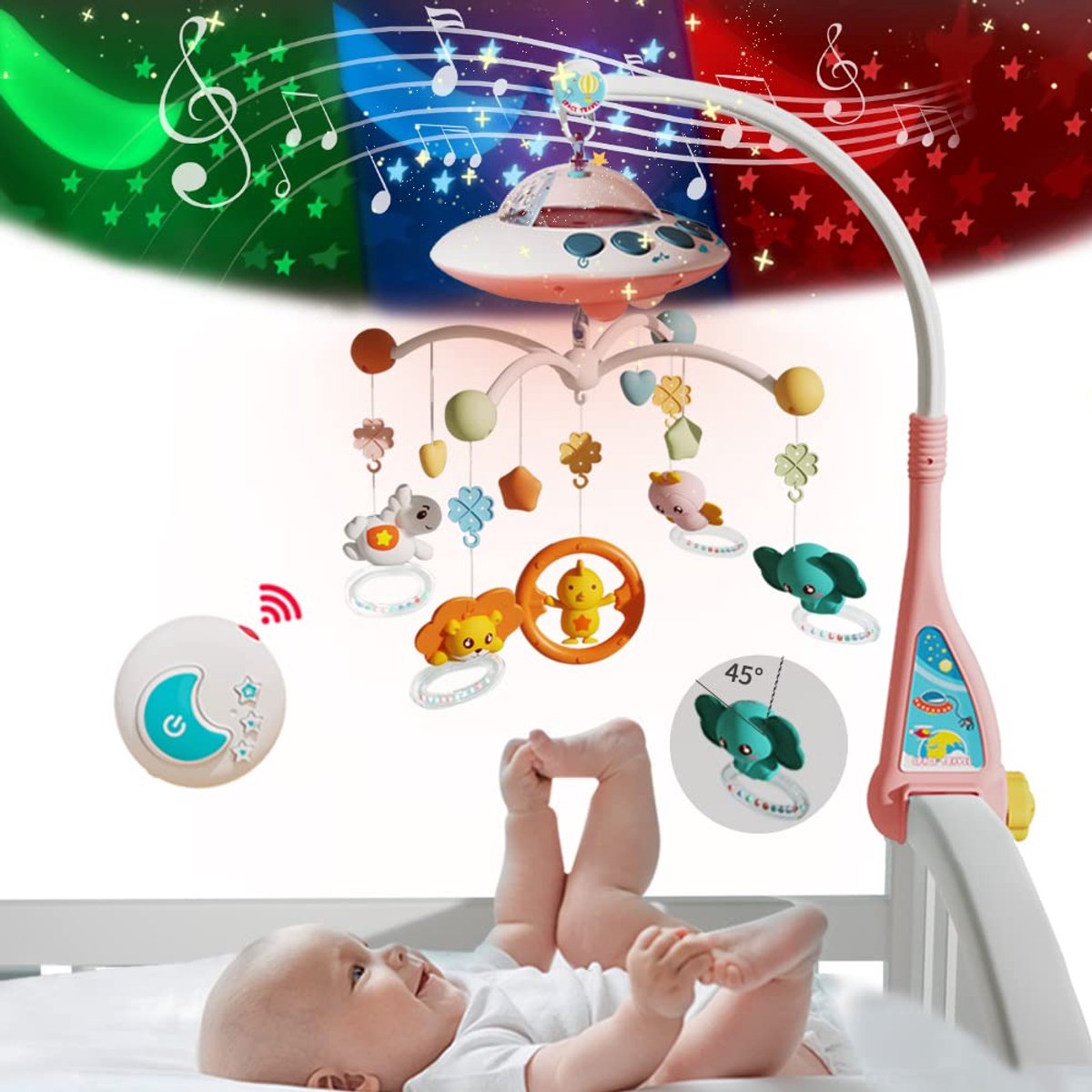 Muzikale Babywiegmobiel met Nachtlampjes en Rustgevende Muziek - Hangende Draaiende Rammelaars - met Muziek, Licht, Afstandsbediening en Draaifunctie - voor Jongens en Meisjes, Speelgoed voor Pasgeboren Baby's (Roze)