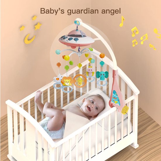 Muzikale Babywiegmobiel met Nachtlampjes en Rustgevende Muziek - Hangende Draaiende Rammelaars - met Muziek, Licht, Afstandsbediening en Draaifunctie - voor Jongens en Meisjes, Speelgoed voor Pasgeboren Baby's (Roze) — afbeelding 3
