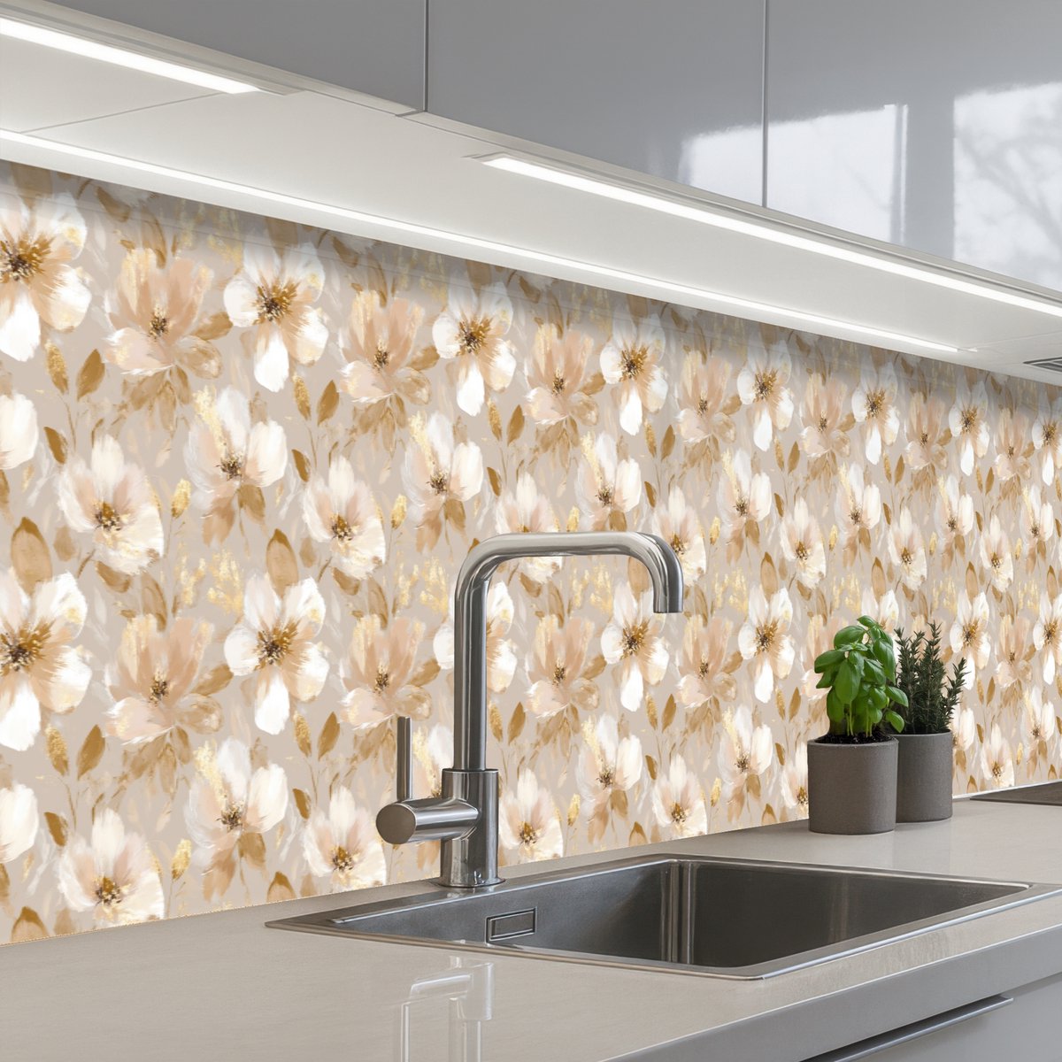 Keuken achterwand 500x80 cm - Spatscherm zelfklevend Bloemen - artistiek - Goud - Muurbeschermer - Spatwand fornuis