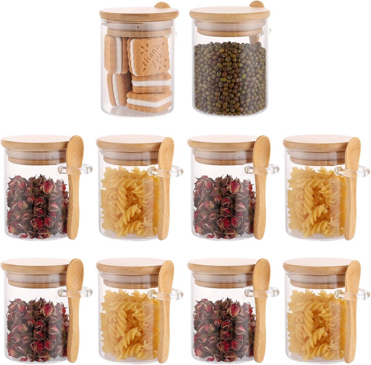 Set van 10 Glazen Voorraadpotten 180ml met Luchtdicht Houten Deksel en Lepel