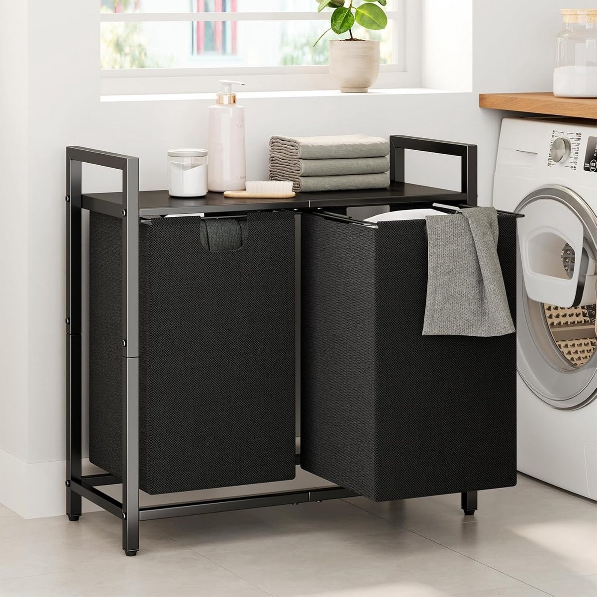 Wasmand Organizer met Plank en Uittrekbare Zakken voor Kleding Sorteren